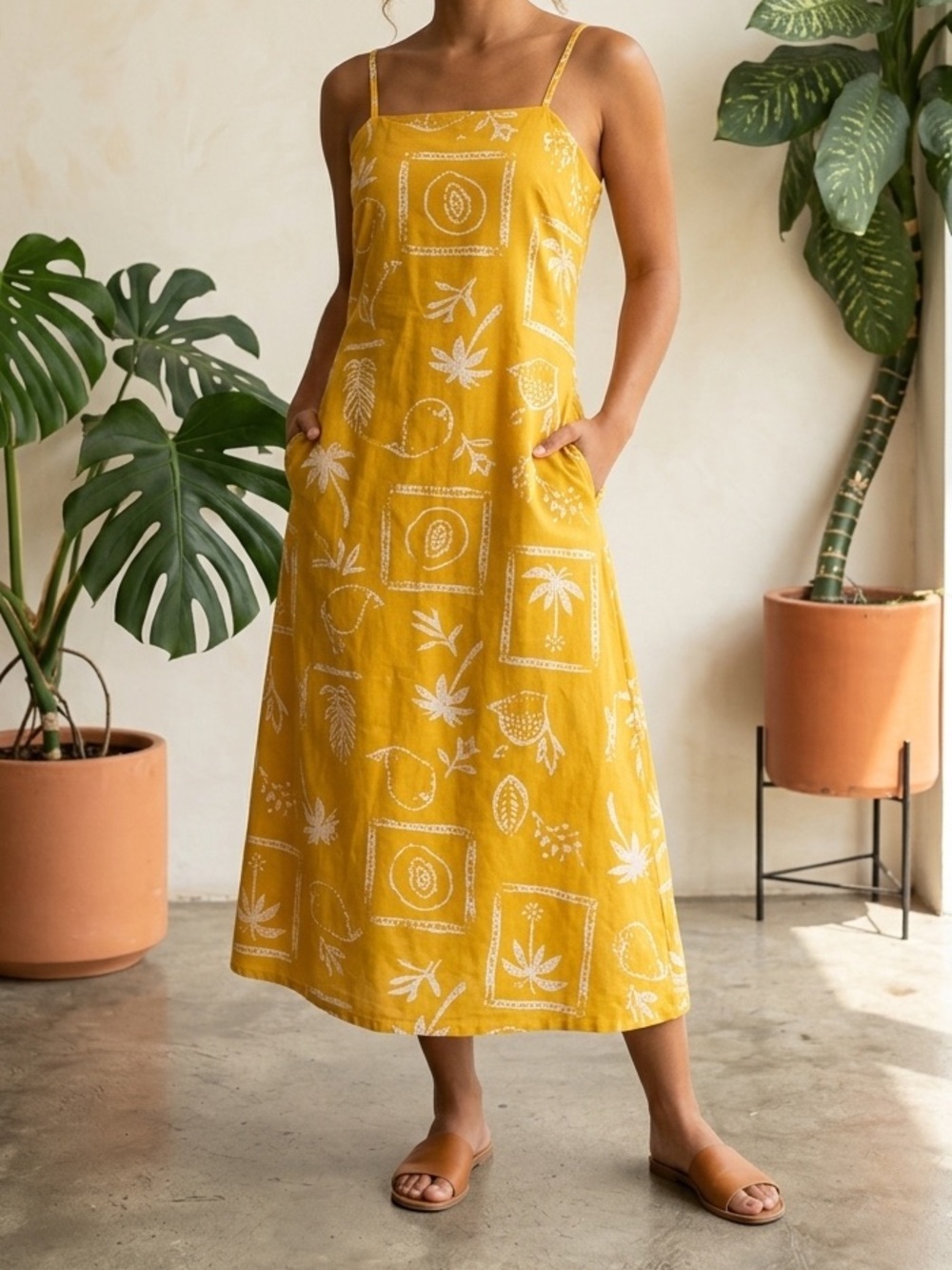Japna Spaghetti Strap Yellow Tropical Fruit Printed Linen Cotton Sundress Sz med